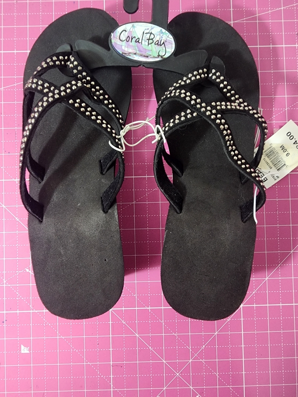 NWT - Coral Bay Women's Black Embellished Wedge Flip Flops - 9